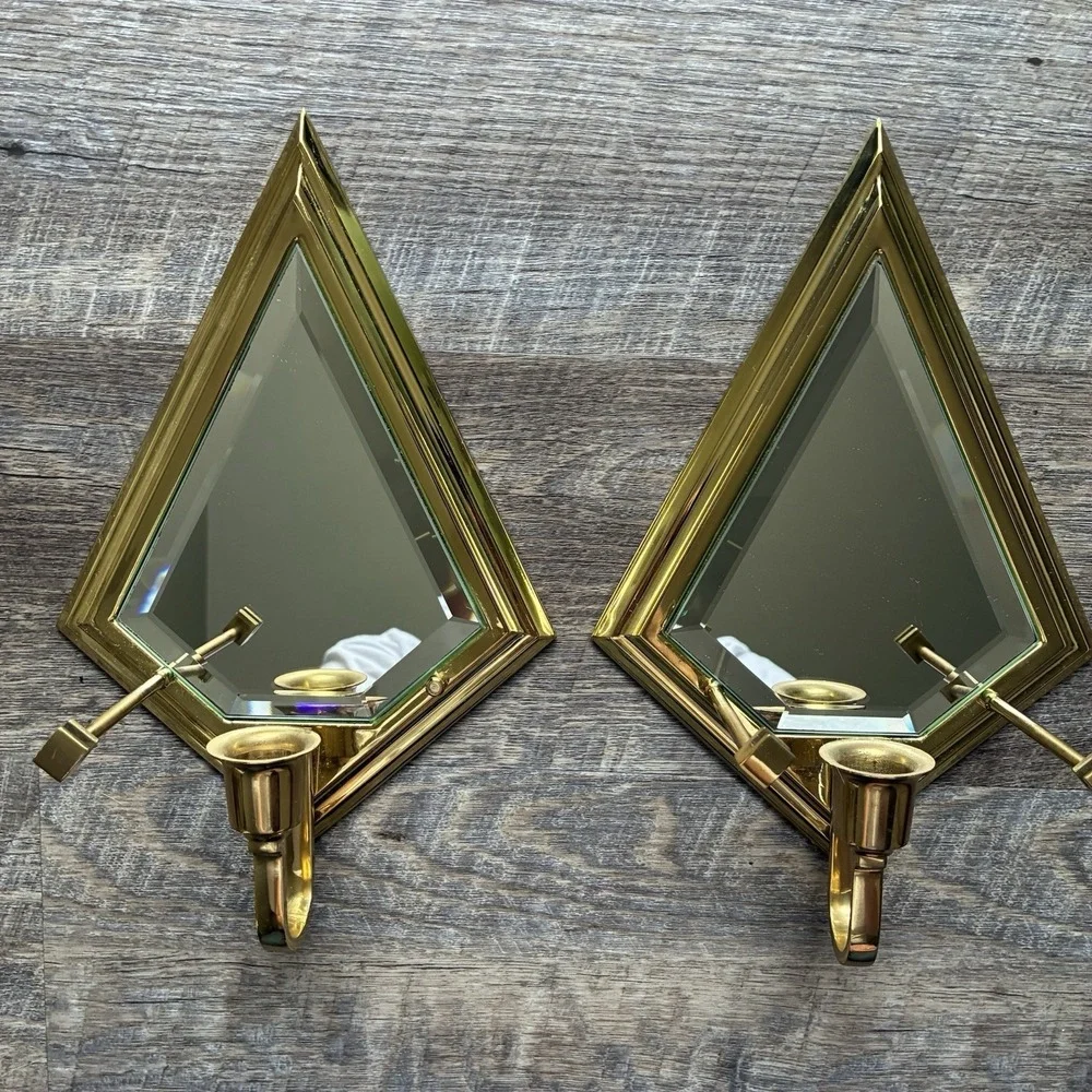 Vintage PartyLite Brass Mirror Wall Sconce Candle Holders Hollywood Regency Set - Picture 6 of 16
